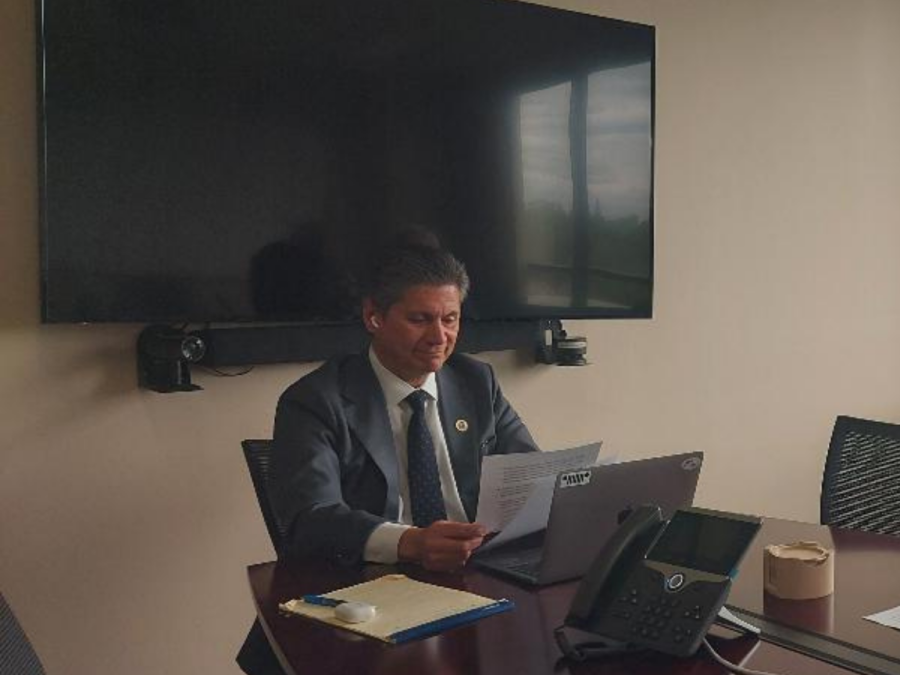 California Community Colleges Chancellor Eloy Oakley. Reviewing his notes before the student media teleconference on April 19.