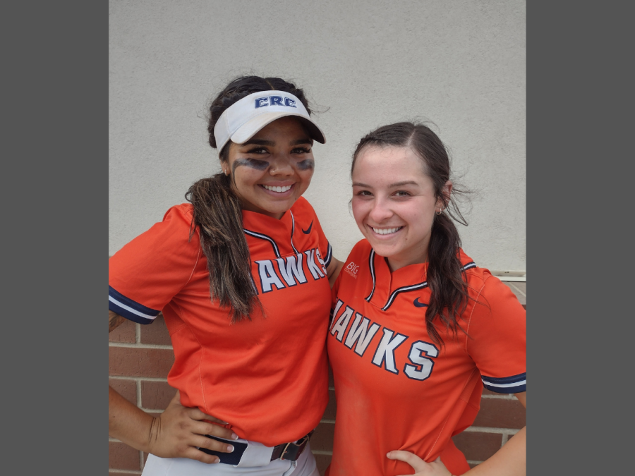 The Hawks softball team beats the Feather River College Golden Eagles 4-1 on Friday for the first game of playoffs. Featured here is sophomore shortstop Leandra Coronado on the left and freshman center field Gabriella Lipsky on the right.