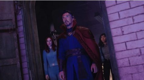A scene from Doctor Strange In the Multiverse of Madness featuring Rachel McAdams, Benedict Cumberbatch as Dr. Strange and Xochitl Gomez as America Chavez. The film was released on Friday.