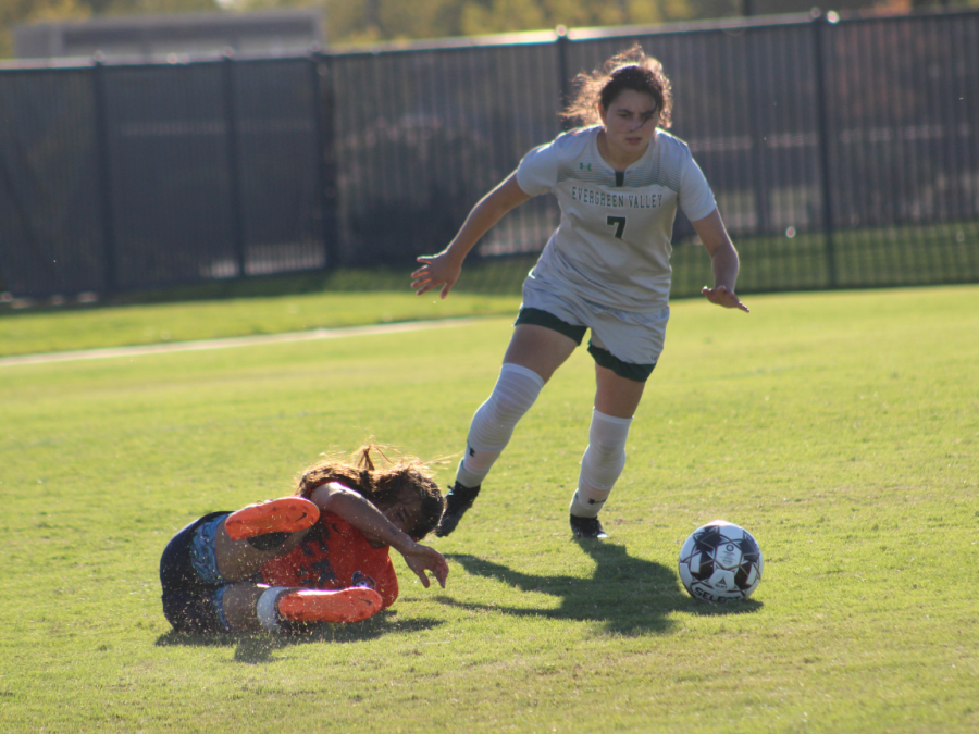 Evergreen Valley College player fouled a CRC Hawks player that lead to the penalty kick.