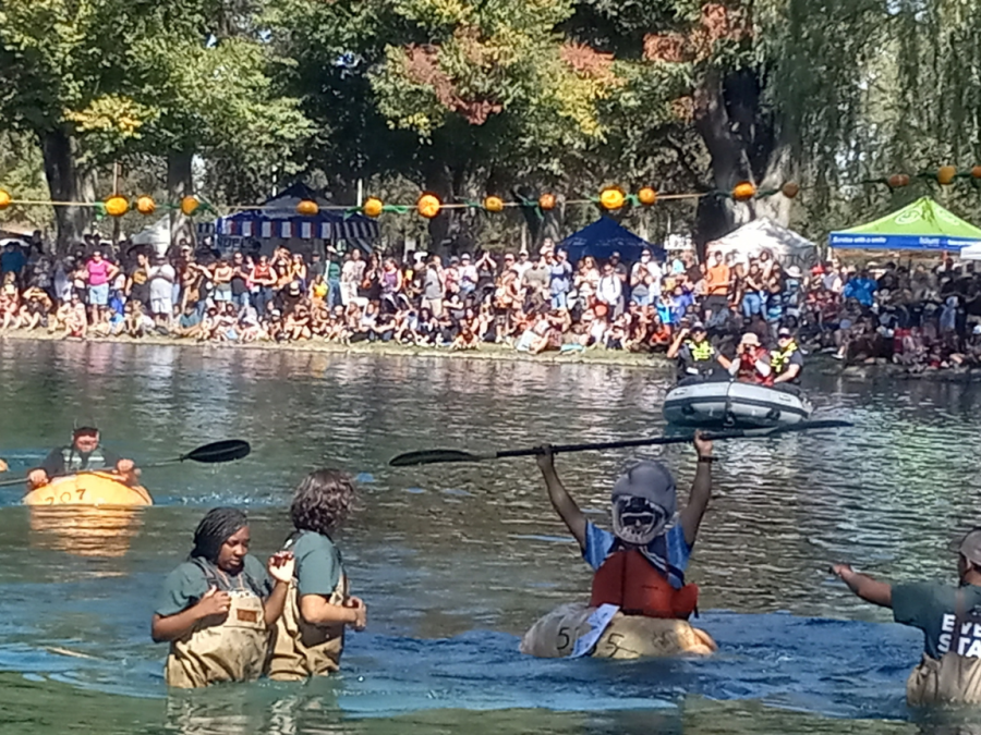 Elk Grove’s 28th Annual Giant Pumpkin Festival celebrates its 14th Pumpkin Regatta on Sunday. Featured here are contestants Johnny The Shark Gayton and Robert Cook.