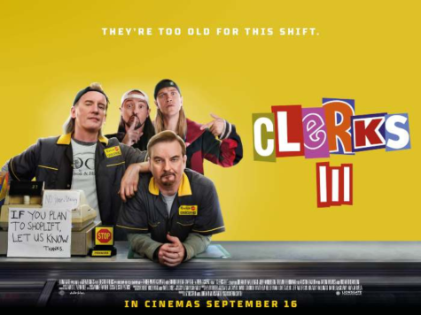Brian OHalloran, Jason Mewes, Jeff Anderson and Kevin Smith in Clerks III movie poster. Clerks III released on Sept. 13.