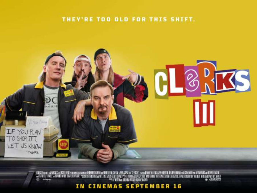 Brian O'Halloran, Jason Mewes, Jeff Anderson and Kevin Smith in "Clerks III" movie poster. "Clerks III" released on Sept. 13.