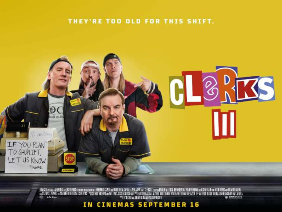 Brian+OHalloran%2C+Jason+Mewes%2C+Jeff+Anderson+and+Kevin+Smith+in+Clerks+III+movie+poster.+Clerks+III+released+on+Sept.+13.