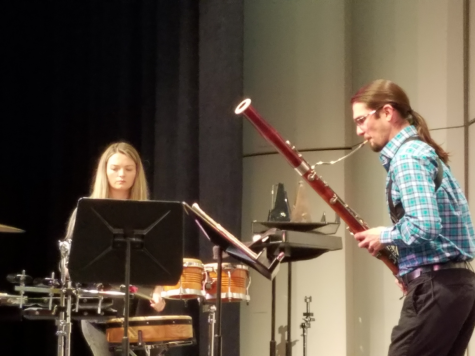The CRC Music Department hosted a community outreach event on Monday featuring a band called DuoXylo for a preview concert. Featured here are two members of DuoXylo, the bassoonist Dorian Antipa and the percussionist Mckenzie Langefeld.  