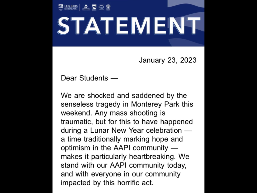 Los+Rios+Community+College+District+Chancellor+Brian+King+released+a+statement+on+Jan.+23+to+students.+The+statement+discussed+the+mass+shooting+on+Jan+21.+at+a+Lunar+New+Year+celebration+in+Monterey+Park%2C+California.