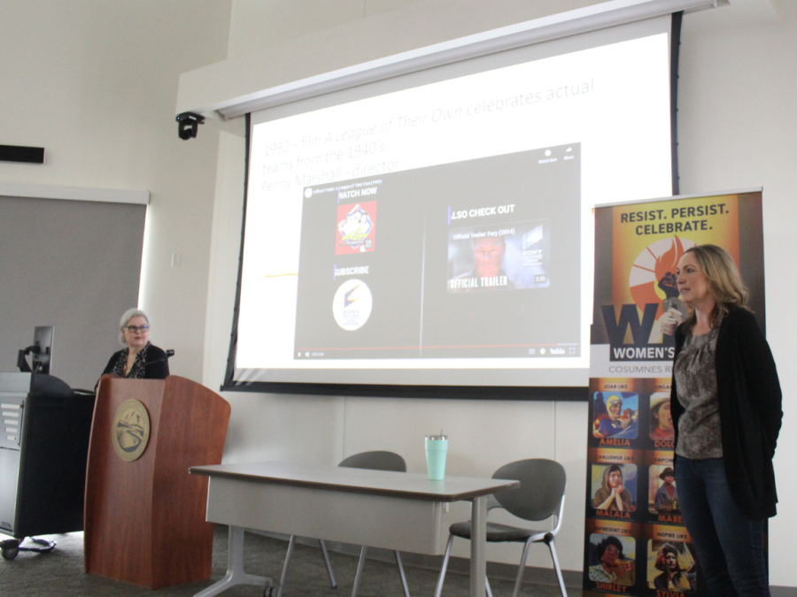 A Women's History Month event about the history of women in the film industry was held in the Winn Center on March 23. Women's History Professor Diana Reed on the right talking to attendees of the event about the clip that Radio, Television and Film Professor Lauren Wagner on the left presented.