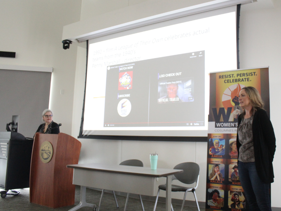 A Womens History Month event about the history of women in the film industry was held in the Winn Center on March 23. Womens History Professor Diana Reed on the right talking to attendees of the event about the clip that Radio, Television and Film Professor Lauren Wagner on the left presented.