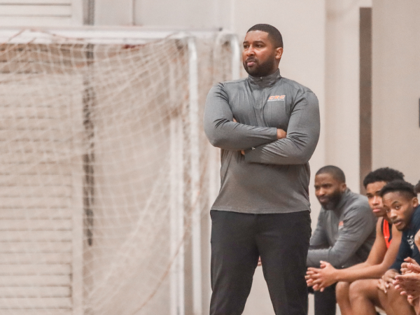 Head coach Jonathan James at the first playoff game of the 2023 mens basketball season. He has been nominated and accepted the position of president of the California Community College Mens Basketball Coach Association, which makes him the first African American president in the associations history.