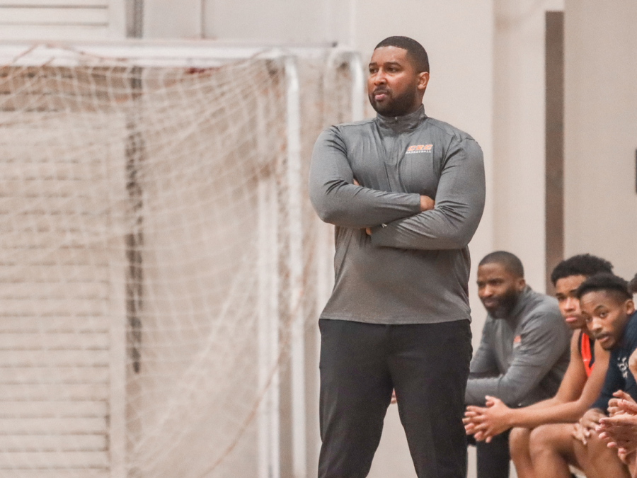 Head coach Jonathan James at the first playoff game of the 2023 men's basketball season. He has been nominated and accepted the position of president of the California Community College Men's Basketball Coach Association, which makes him the first African American president in the association's history.
