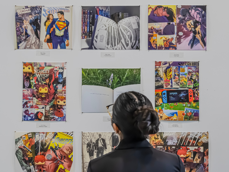 A gallery viewer looking at featured art from the “Cultural Relevance: An Intimate Glimpse” exhibit. The art exhibit is open now in the Art Gallery everyday from noon to 4 p.m. until April 27.