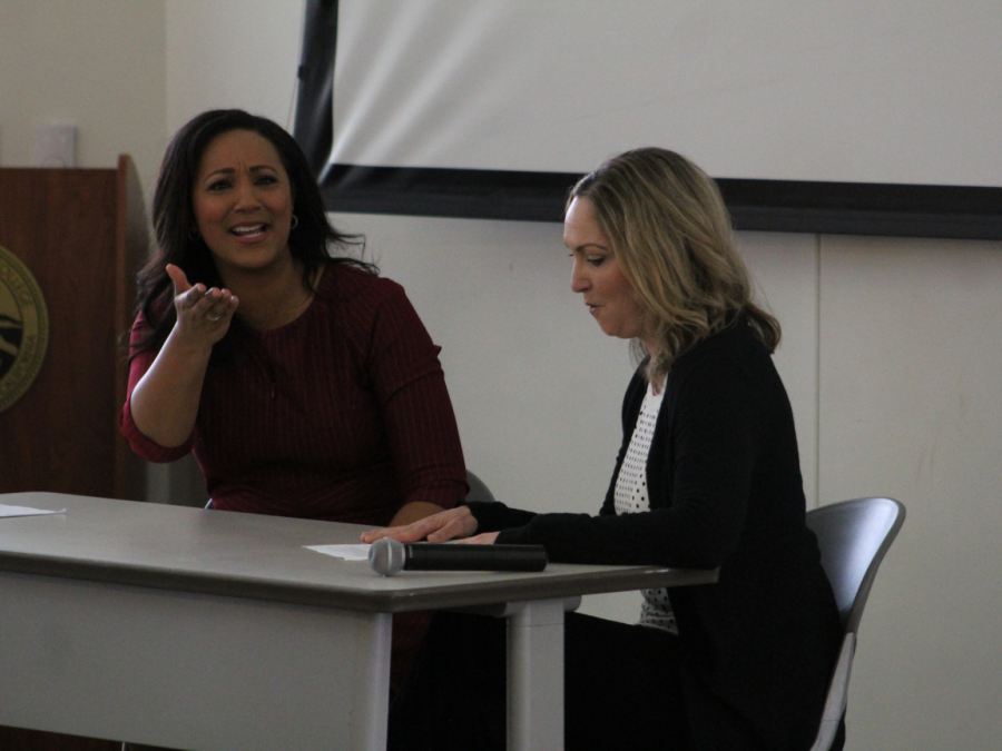 A KCRA 3 anchor came to campus and spoke to students and faculty on Tuesday in the Winn Center. KCRA 3 anchor and award-winning journalist Brandi Cummings (left) shares one of her stories in her life using it as an example of a lesson or obstacle that she encountered and overcame.