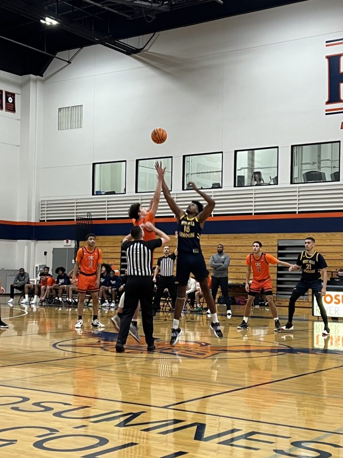 Tip-off for the mens basketball teams last win of the season on Feb. 22 against the West Hills College Lemoore. Freshman wing Antonio Tercero (middle), sophomore guard Kyree Dunn (left) and sophomore wing Kaleb Drake (right) on the floor to start the game for the Hawks.