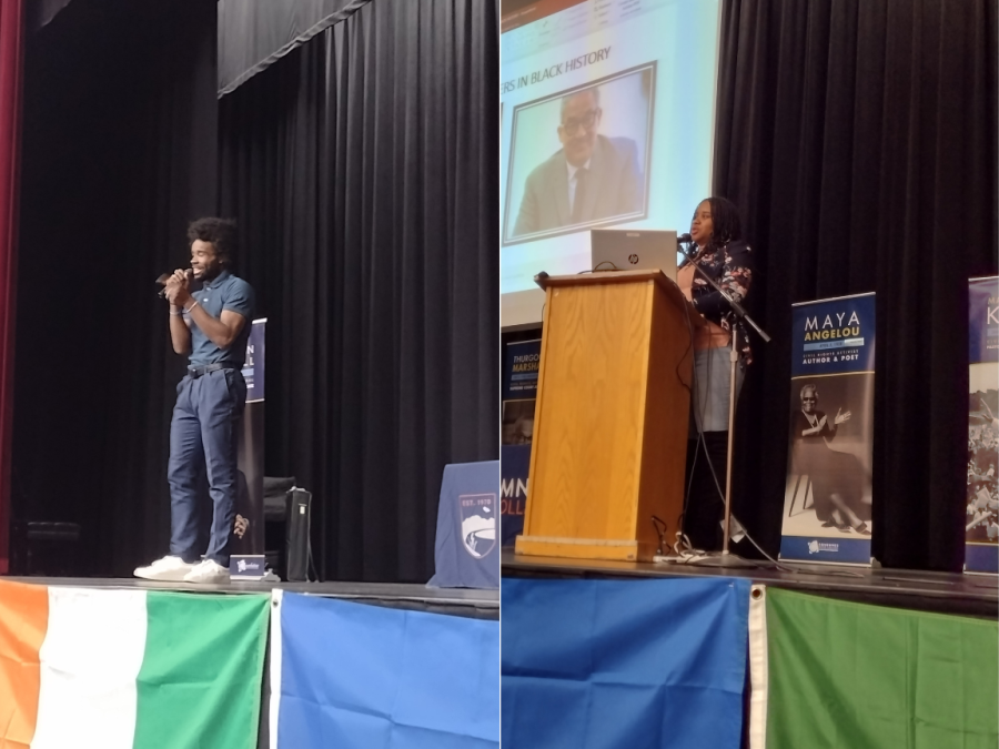 An academic excellence honors night event was held in the Recital Hall on Feb. 23 to recognize self-identified Black students, who achieved a 3.0 GPA or higher for the fall 2022 semester. Keynote speaker and former Feather River College student Jesse Williams (left) and CRC Alumna Anastacia Dobson-Bell (right) speak about their life stories.