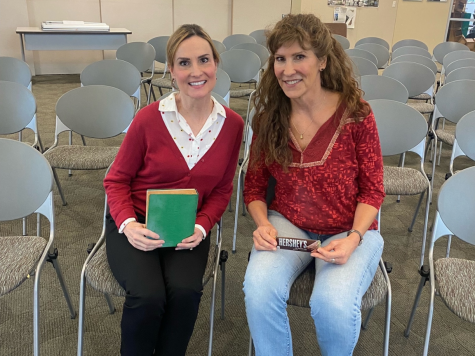 English Professors Leslie Gale (left) and Sherie Coelho (right) co-hosted the storytelling event in the Winn Center. Here are both of the professors posing for a picture after the event on Tuesday.