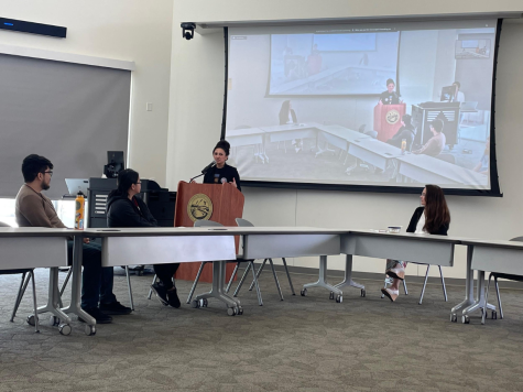 Executive Director of the Asian American Liberation Network Megan Spagio giving her speech at an APIDA Heritage Month event. The event was held online and in person at the Winn Center on Thursday.