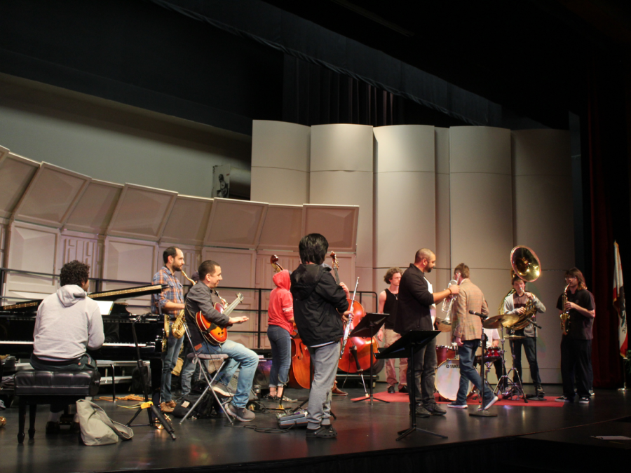 Audience members joining the informal jam with their instruments playing to the tune of Bags Groove by Milt Jackson. The concert and clinic took place in the Recital Hall on Monday.