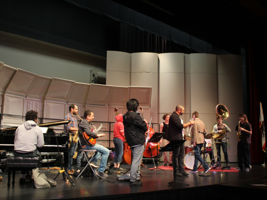 Audience members joining the informal jam with their instruments playing to the tune of "Bags' Groove" by Milt Jackson. The concert and clinic took place in the Recital Hall on Monday.