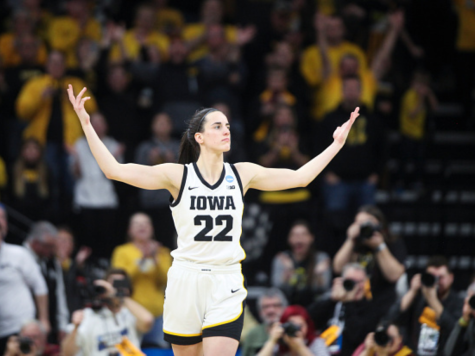 Point guard of the University of Iowa womens basketball team Caitlin Clark celebrating in-game in the second round of the 2023 NCAA Womens Basketball Tournament on March 19. Clark scored a total of 191 points throughout the tournament which broke the record for the most points scored in a single NCAA Tournament for both mens and womens.