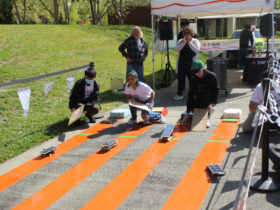 High school students participating in the solar races in the quad on Wednesday. Students from Cordova High School, Laguna Creek High School and the School of Engineering and Sciences competed in the races.