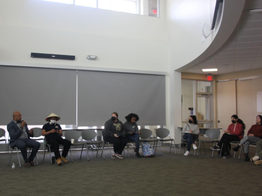 Cosumnes River College President Ed Bush hosted an event for students to share their concerns about the school with him. Bush (all the way to the left) talking to students at the event on Wednesday in the Winn Center.