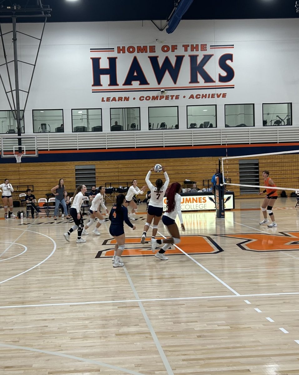 Starting setter Nicole Risch setting outside hitter Erin Chelini up for the kill against Lassen Community College on Aug. 30. The Hawks play against the Shasta Knights and Taft College on Sept. 6.