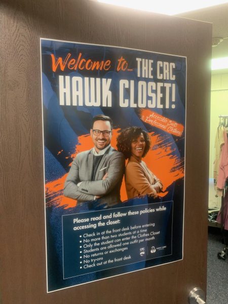 The Hawk Closet is located in the Hawk CARES Center in P-48. Students enrolled in three or more units are welcome to one full outfit a month.