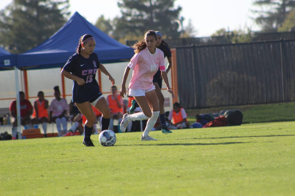 The Hawks face the Santa Rosa Junior College Bear Cubs at home with the match ending in a 0-0 tie. Freshman midfielder Brenda Jimenez battles to keep the ball in the Hawks’ favor.