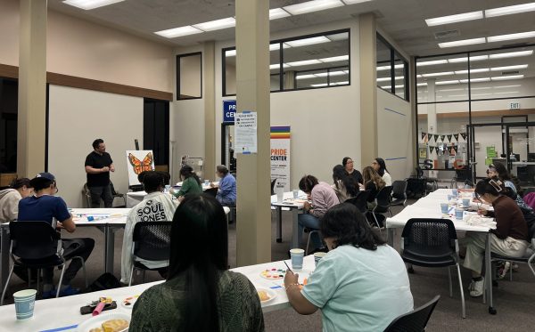 Natomas based painter Raul Mejia leads a tutorial at the Paint and Pan Dulce event in the Center for Inclusion and Belonging on Wednesday. The event celebrated Latinx History Month and was hosted by MI CASA and the Center for Inclusion and Belonging.