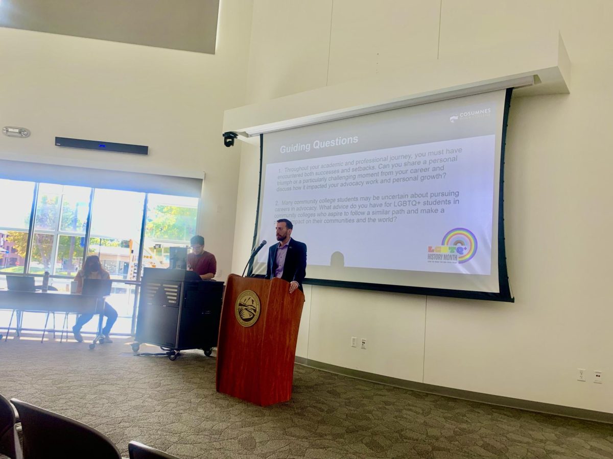 Legislative Consultant for the California Legislative LGBTQ Caucus Jacob Fraker speaks in the WINN Center on Tuesday. Frakers talk closed LGBTQ+ History Month celebrations on campus.