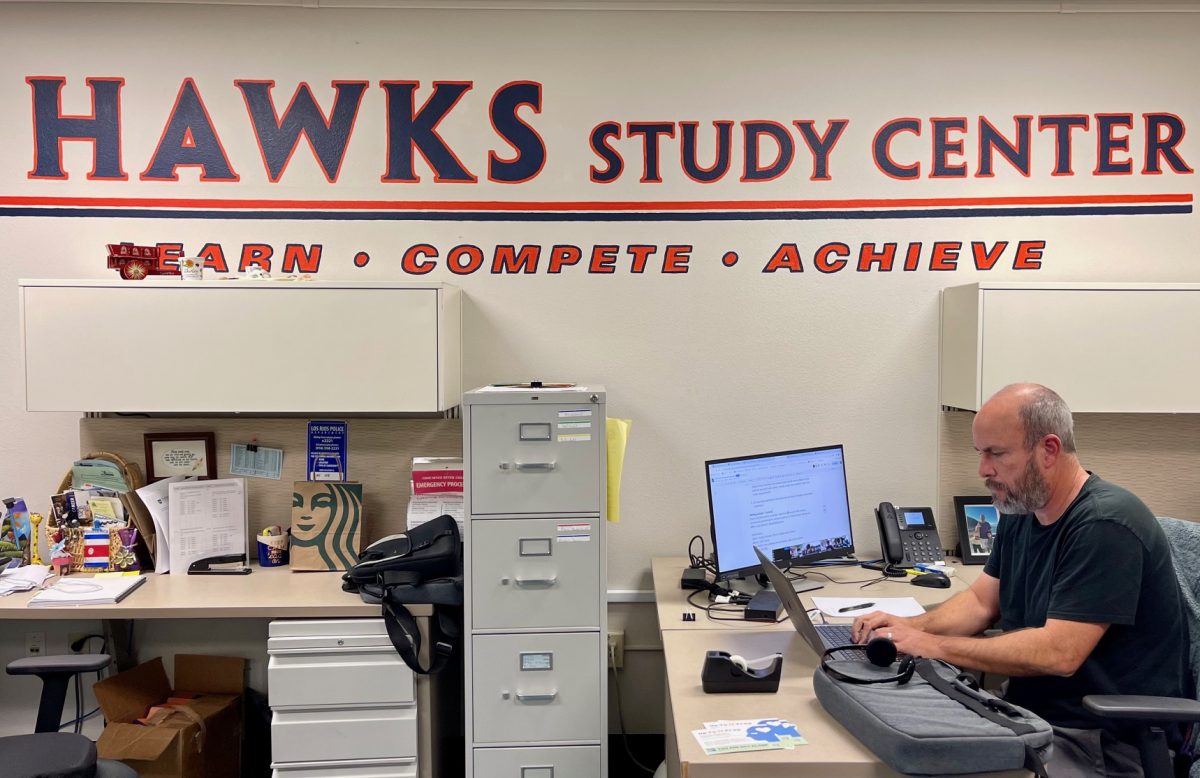 Learn%2C+compete+and+achieve+are+the+words+above+Athletic+Learning+Center+Instructional+Assistant+Brandon+Ellis+as+he+sits+at+his+desk+in+the+Hawks+Study+Center+ready+to+help+student+athletes+when+needed.+Ellis+has+been+an+instructional+assistant+with+the+athletic+department+since+2006+and+said+he+has+worn+many+hats+on+campus.