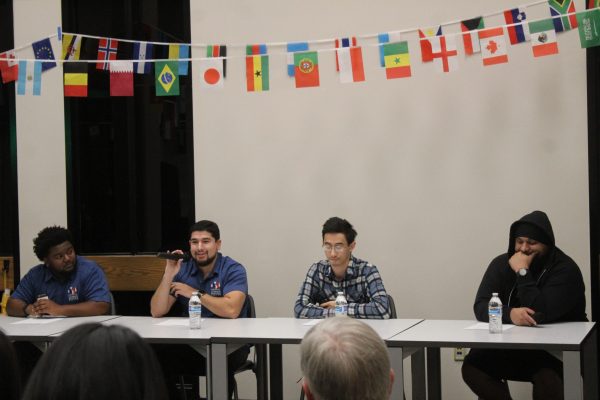 From left, Eugene Dehoney, Brian Bracamontes, Pye Aung and Daniel Bracamontes speak about their military experience at the “Veterans’ Student Panel: Highlighting BIPOC Veterans’ Voices” on Thursday. It was held in the Center for Inclusion and Belonging to honor student veterans.