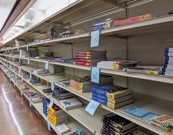 Zero Textbook Cost materials are shelved and ready for students at the campus bookstore. The Cosumnes River College bookstore sells physical and online versions of textbooks for multiple courses on campus.