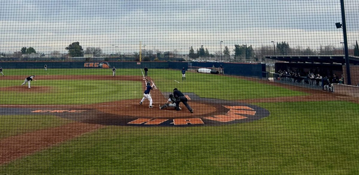 Freshman catcher Robert Perry awaits a pitch while playing against the Shasta College Knights on Jan 26. The Hawks go on to defeat the Knights 9-1.