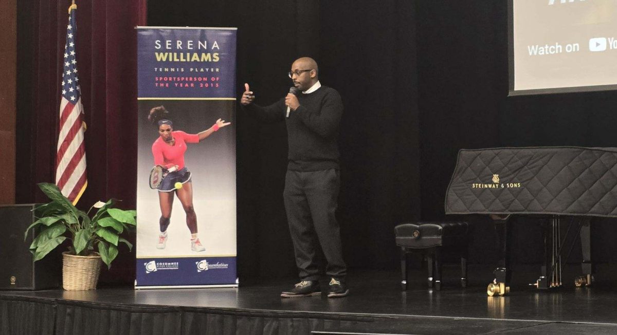 Principal consultant at Village Life Education Dr. Kirkwood speaks in the Recital Hall at Cosumnes River College on Feb. 13 for Black History Month. Dr. Kirkwood spoke with his son Malik Kirkwood about math literacy and its importance to students of color.