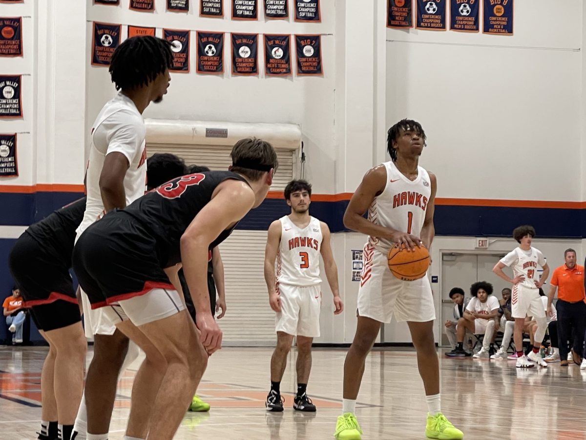Freshman guard Aalijah Gillyard (right) prepares for a free throw shot during the 3C2A Northern California Regional Men's Basketball Playoffs on Feb. 28. The number 15 ranked Hawks played the number 18 ranked Gavilan College Rams and lost 83-68, ending their season.