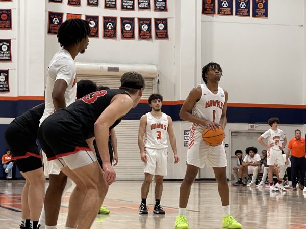 Freshman guard Aalijah Gillyard (right) prepares for a free throw shot during the 3C2A Northern California Regional Mens Basketball Playoffs on Feb. 28. The number 15 ranked Hawks played the number 18 ranked Gavilan College Rams and lost 83-68, ending their season.