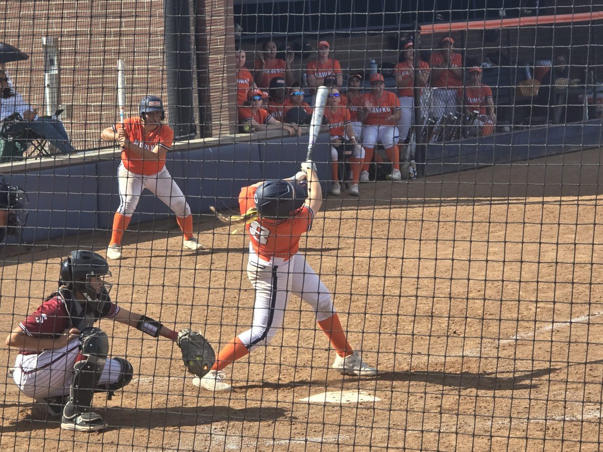 Freshman infielder Brooke Hanson for the Hawks softball team swings at a pitch against the Sierra College Wolverines at home on April 12. The Hawks win both matches of their doubleheader 8-7 and 3-2, seeing a 29-7 record on the season, according to the Hawks website.