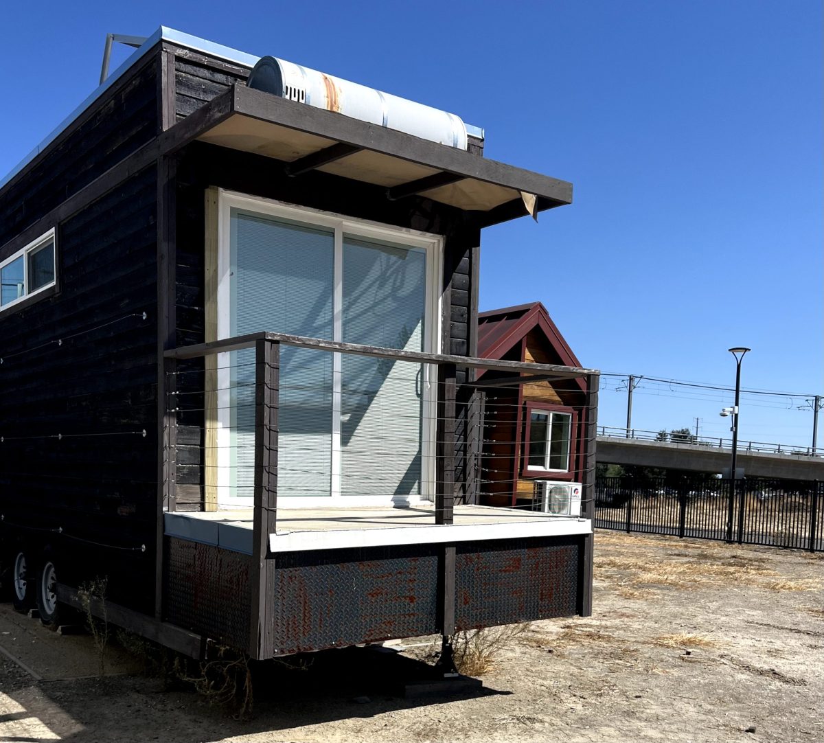 Tiny homes, constructed by Cosumnes River College students sit parked near the Northeast Technical Building on the outer perimeter of campus at the Tiny Home Village. The carpentry class builds tiny homes and collaborates with nonprofits to provide for families in transitional housing.
