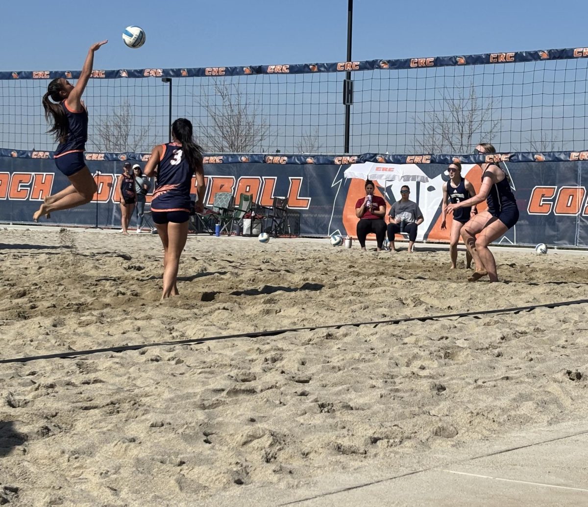 Freshman split Kaylie Reyes attacks the ball in win against College of the Siskiyous on Friday. The Hawks kickoff their conference play on March 7 against College of Marin.