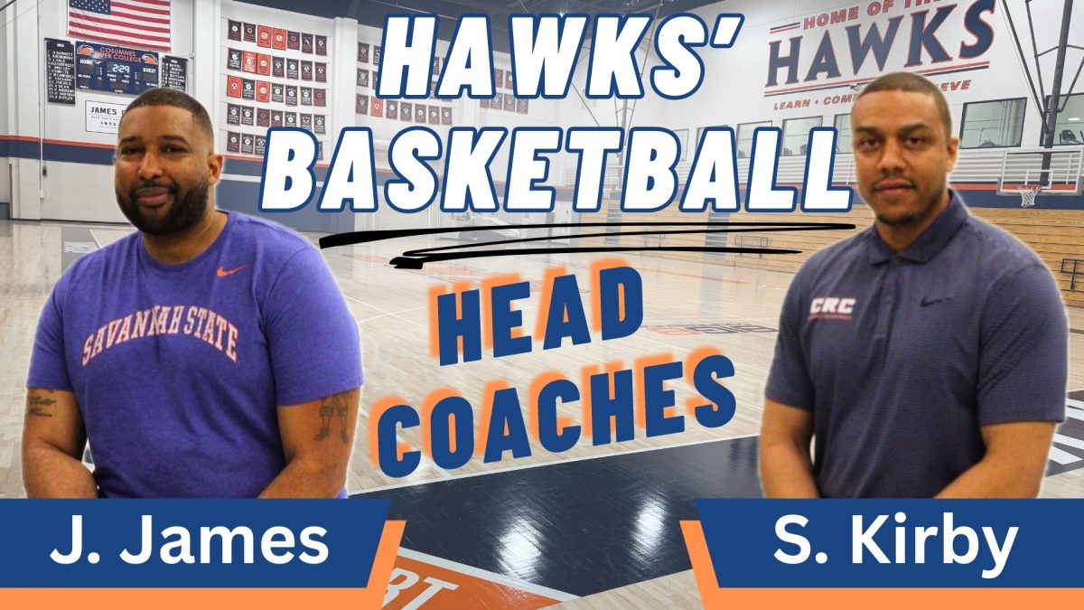 Men’s basketball head coach Jonathan James, left,  and women’s basketball head coach Samuel Kirby, right, take their teams to the postseason during the 2024-2025 season. The Hawks’ men’s team was eliminated in the quarterfinals against Fullerton College and the women’s team was eliminated in the second round of the playoffs.