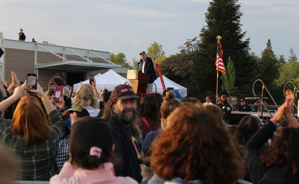 Vermont Sen. Bernie Sanders addressing the crowd on Tuesday at Folsom Lake College during a stop on his “Fighting Oligarchy” tour. The rally, with guest speaker New York Rep. Alexandria Ocasio-Cortez, amassed a crowd of nearly 30,000 people both on campus grounds and on adjacent streets. 