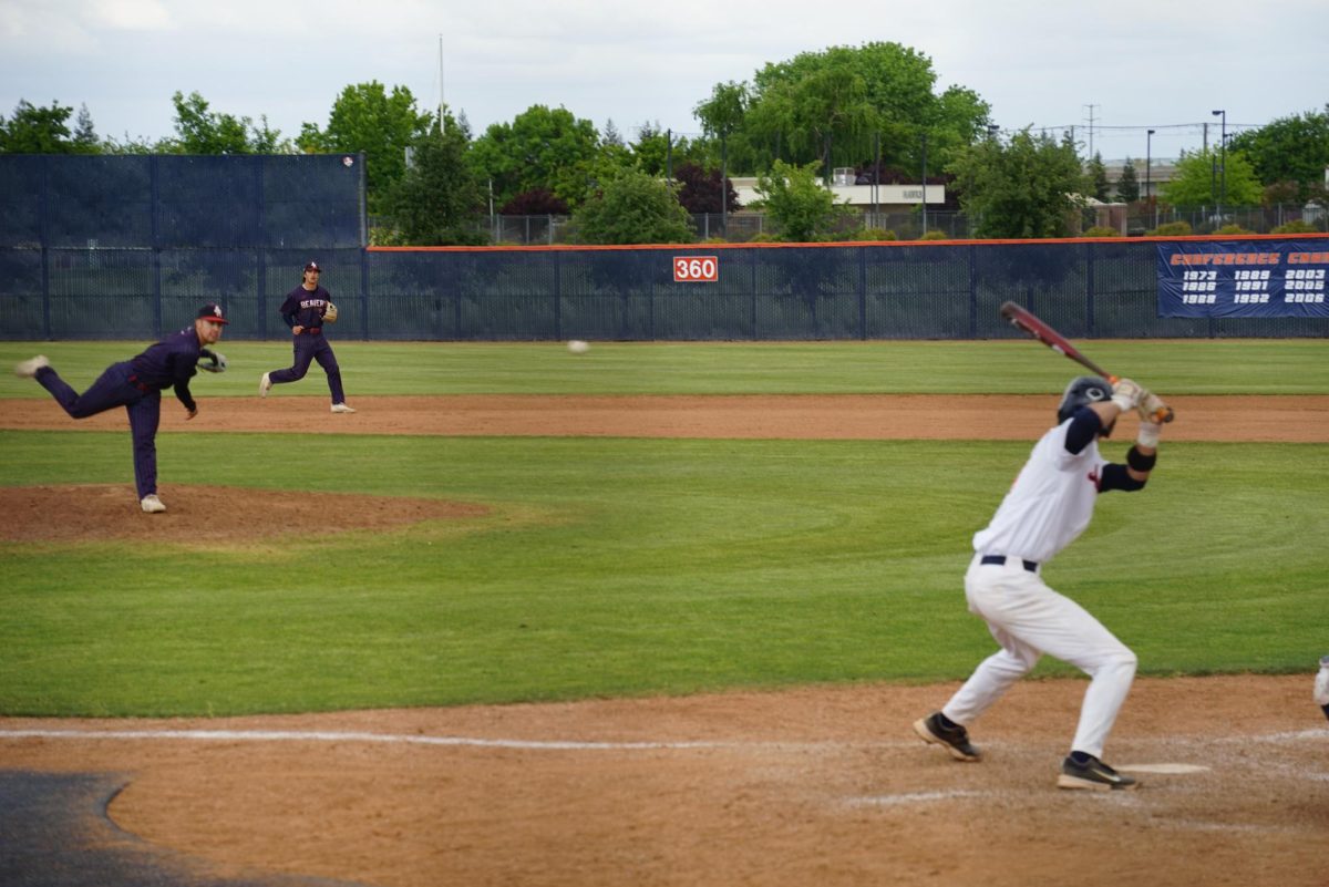 Sophomore second baseman Ryan Dechaine bats off a pitch from ARC’s starting pitcher in the bottom of the sixth. Despite the loss, CRC finishes the season with a 22-16 record, a three game improvement from last season where they finished 19-22.