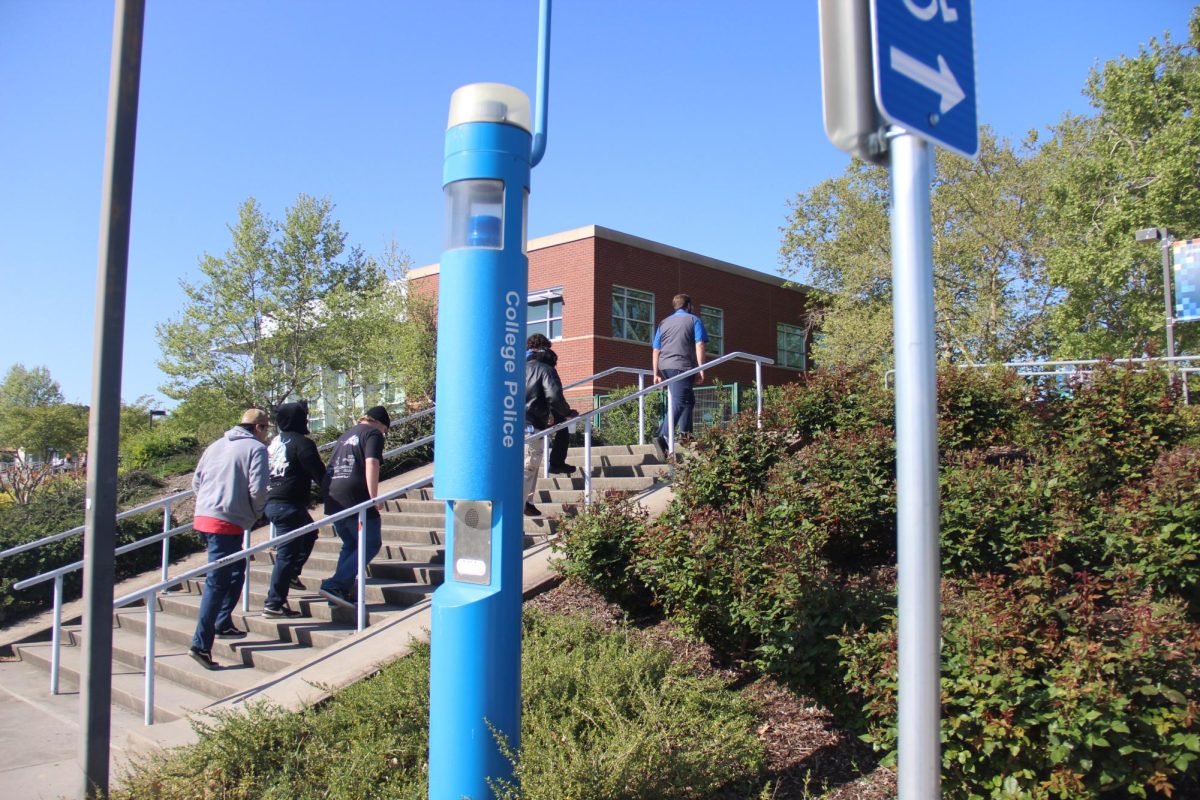 A college police phone located near the east entrance of campus. The college phones are available for reporting emergencies, such  as fires, crimes, first aid and traffic incidents.