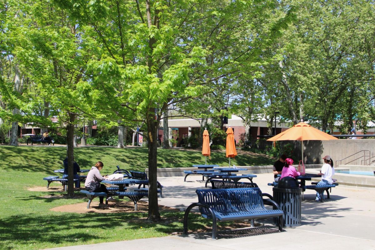 Students sitting outside in the quad in front of the water fountains on April 16 in 68 degree weather. 2024 faced a rise of students who experienced heat exhaustion, said Cosumnes River College nurse Michelle Barkley. 