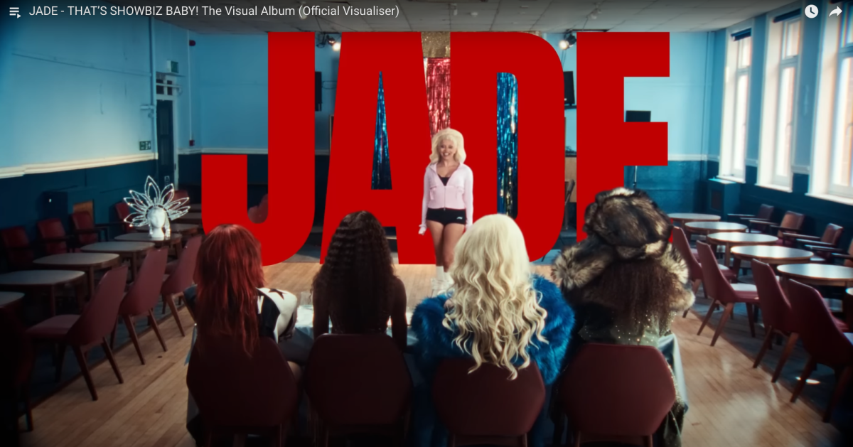 In this frame from her visual album, available on YouTube, Jade performs in front of a panel in the visualizer for her song "Headache." This is her first solo album after being a part of the group Little Mix for 10 years.
