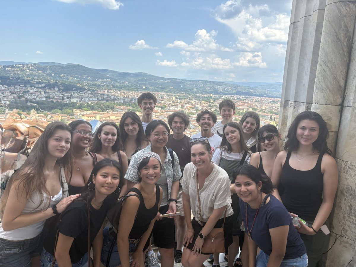 Diana Reed (center) and her Florence abroad students after they climbed to the top of the Duomo, the Cathedral of Santa Maria del Fiore, July 2. Students can apply for the Florence spring semester program until Oct. 31.