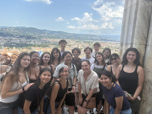 Diana Reed (center) and her Florence abroad students after they climbed to the top of the Duomo, the Cathedral of Santa Maria del Fiore, July 2. Students can apply for the Florence spring semester program until Oct. 31.