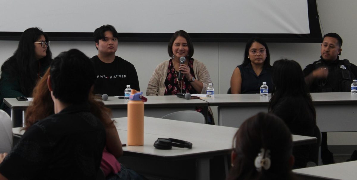 The APIDA Hawks center hosts a panel of faculty, staff, and students to share their Filipino-American immigration stories on Tuesday. (From left to right) Gwen Adao, Angelo Arsega, Rochelle Perez, biology professor Kimberly Fouad and Los Rios Police officer Fidel Abea speak about their history and how it shaped them.