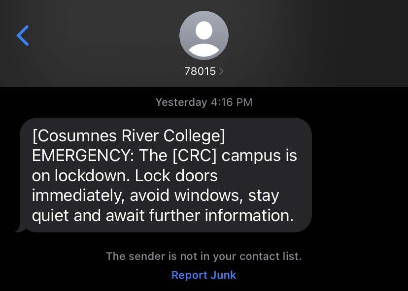 A text message alerting students and faculty to Thursday’s lockdown and safety procedures. Los Rios Police implemented the 20-minute lockdown after being notified of a criminal suspect on campus.